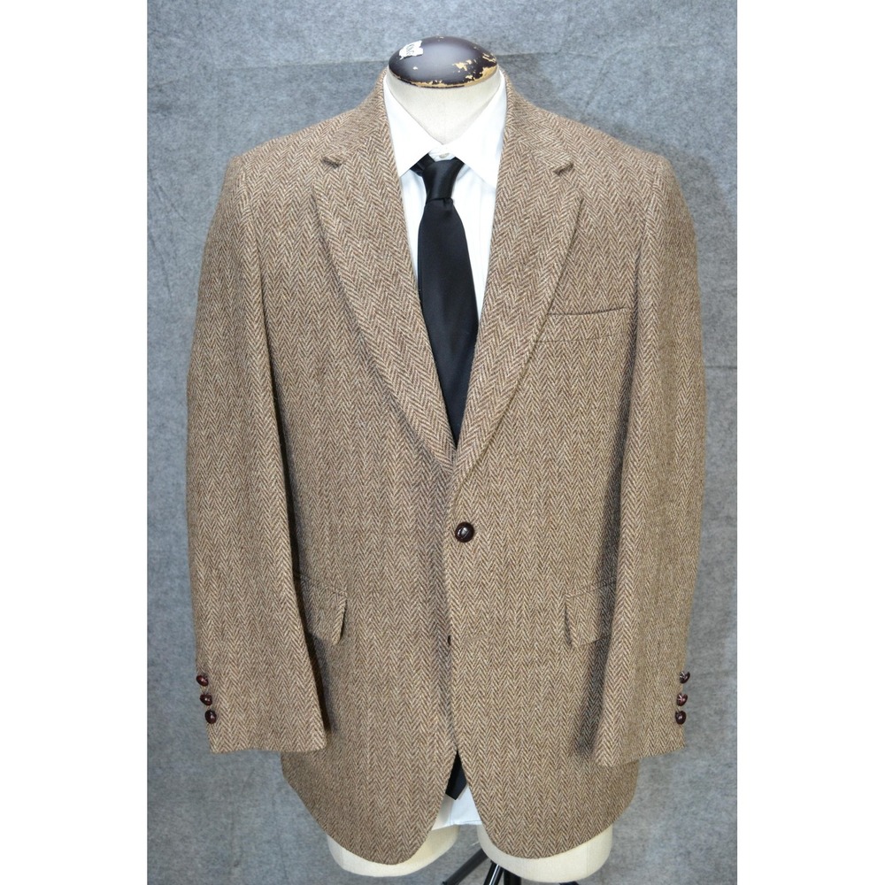 Harris Tweed Blazer‎ Mens 42 Brown Herringbone Scottish Wool Sport Coat Made USA
